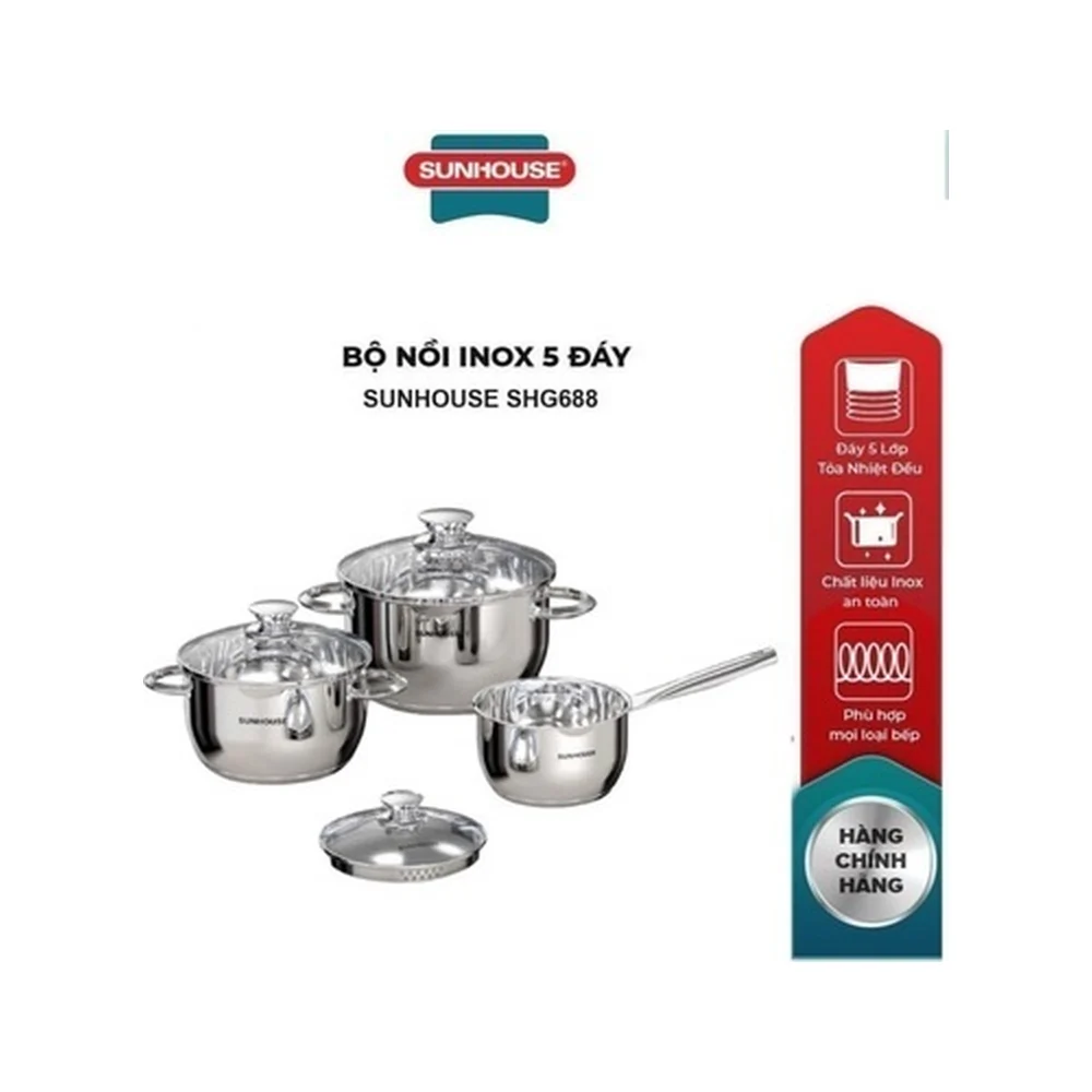Bộ nồi inox 5 đáy Sunhouse SHG688 3 món