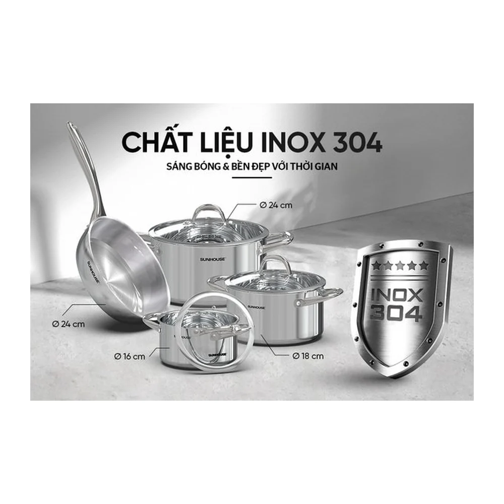 Bộ nồi chảo inox 304 đáy liền SUNHOUSE SHG808